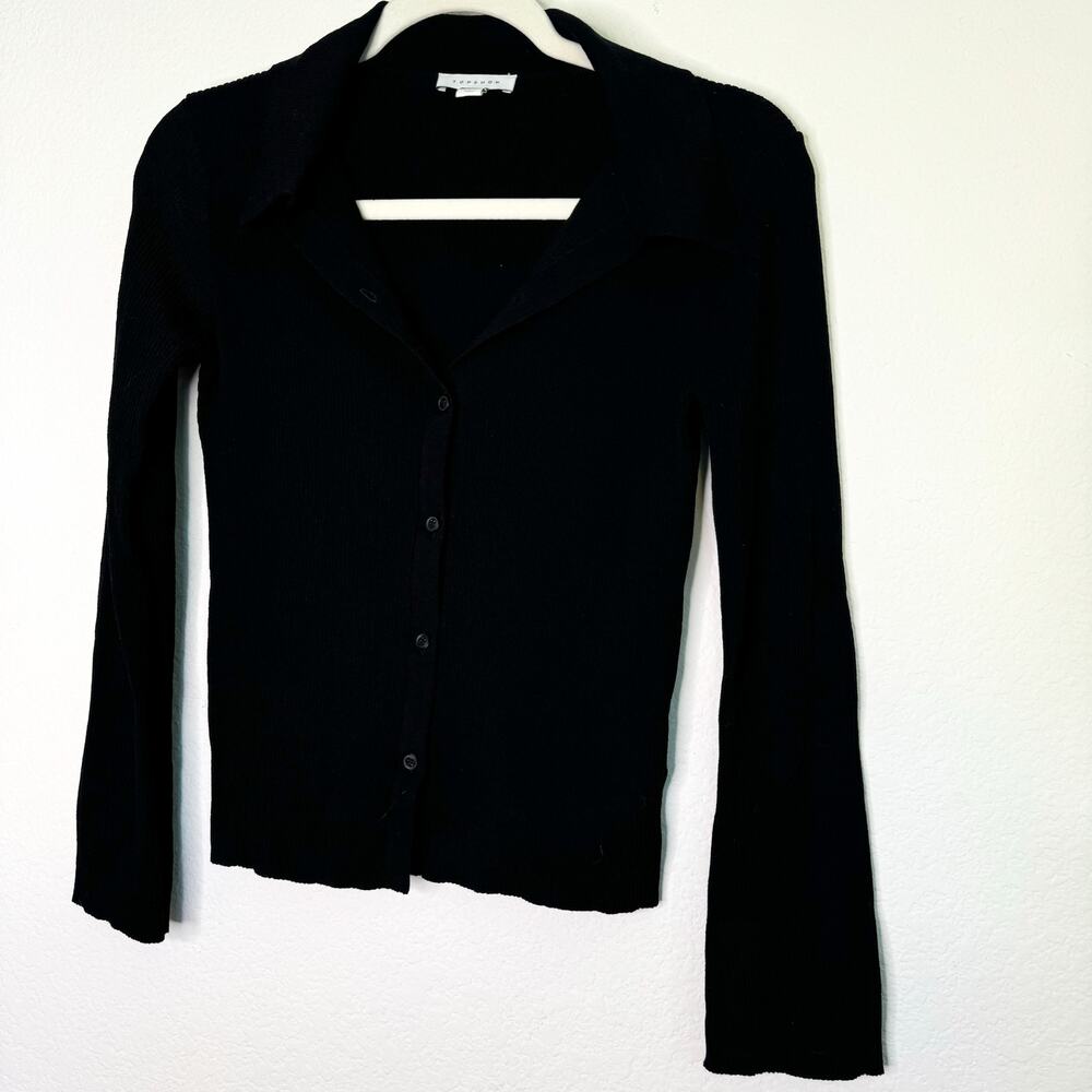 Topshop Black Ribbed Button Front Top - Picture 5 of 9